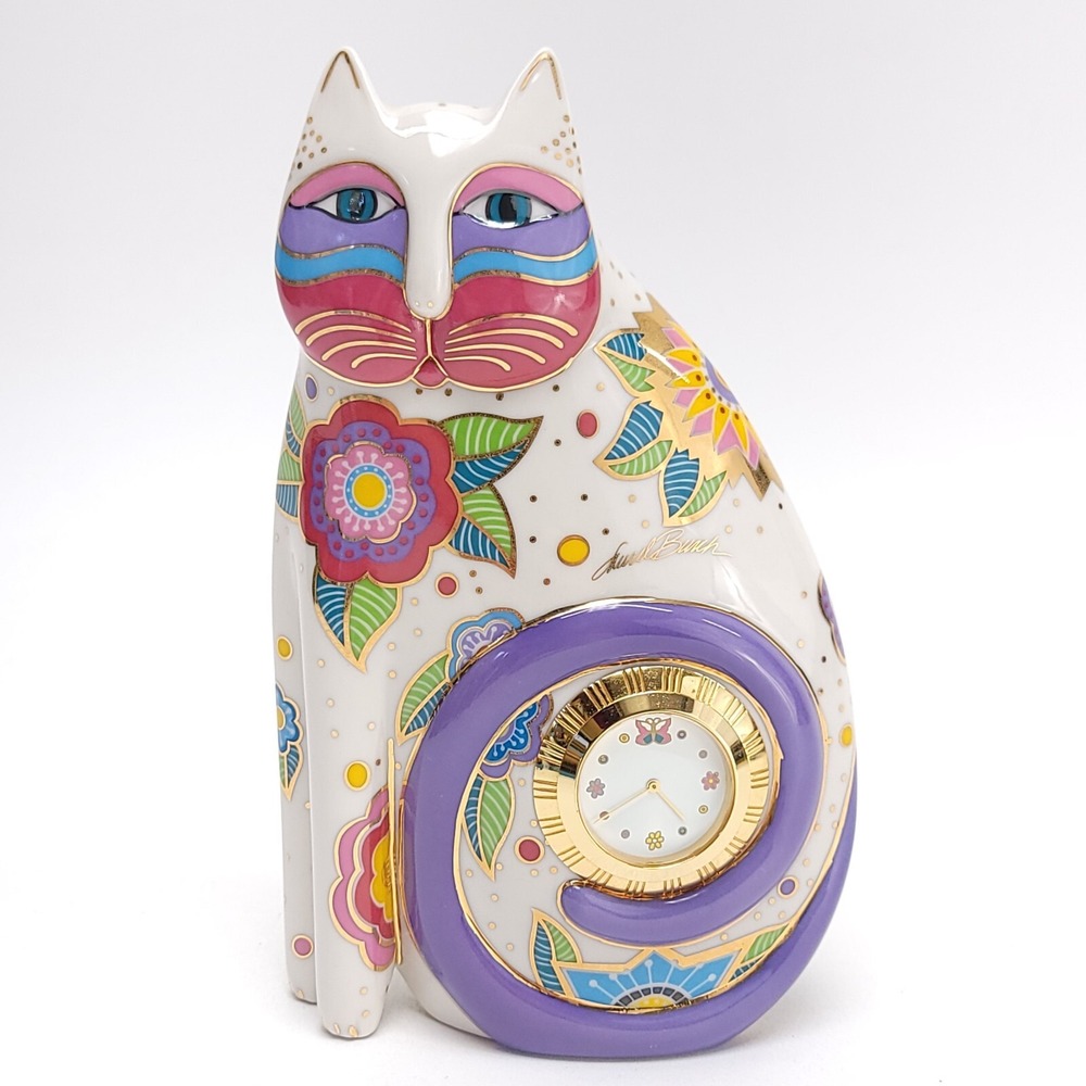 Vintage 1996 Laurel Burch Porcelain Floral Cat Clock White, Gold TESTED WORKING